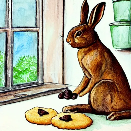 Image similar to a rabbit baking cookies in a kitchen, watercolour realism