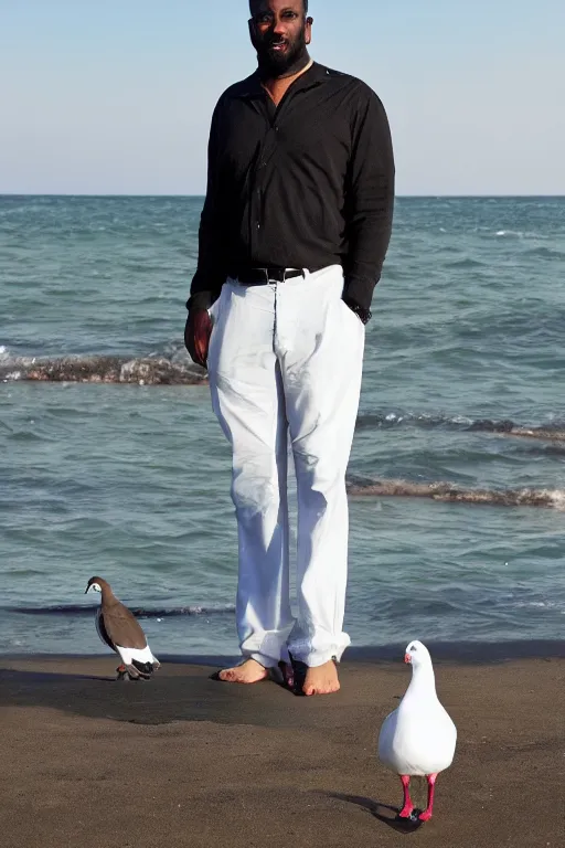 Prompt: a full - height photo of a black masculine man standing near an ocean, holding a white pigeon