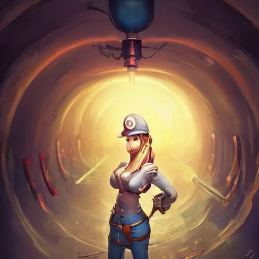 Prompt: beautiful plumber posing in tunnel portrait cinematic by peter mohrbacher