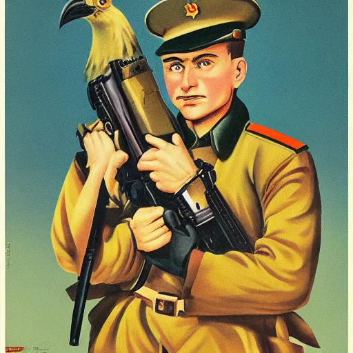 Image similar to soviet propaganda poster depicting a dromaius novaehollandiae in military uniform