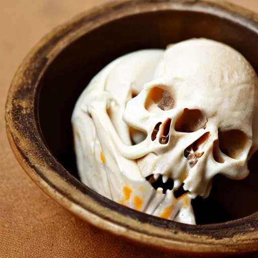 Prompt: ice cream of the macabre, skin and bones flavour, scops in skull, flesh, blood, evil, horror