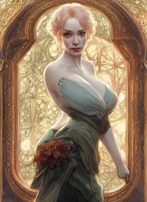 Prompt: Christina Hendricks, fantasy, intricate, elegant, highly detailed, digital painting, artstation, concept art, smooth, sharp focus, illustration, art by artgerm and greg rutkowski and alphonse mucha