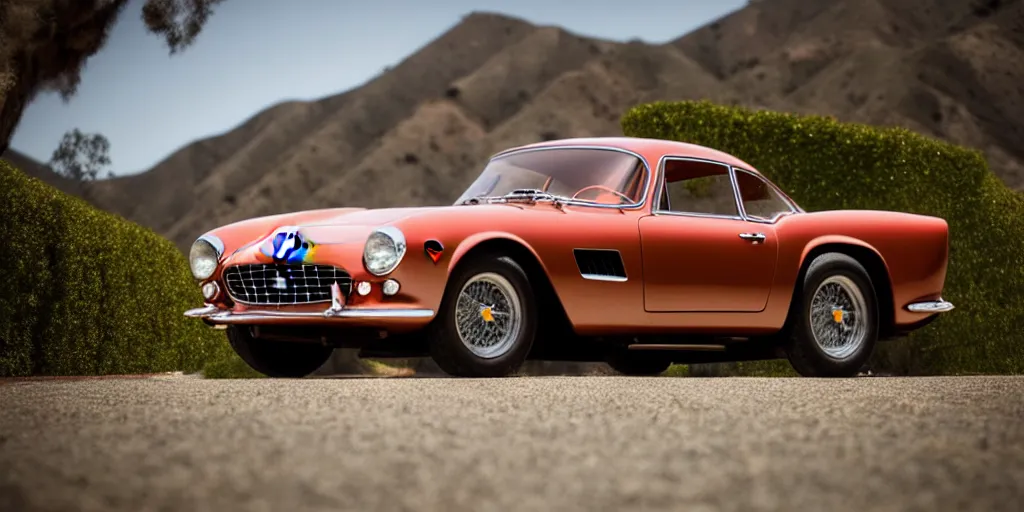 Prompt: photograph, 1958 FERRARI 250 GT, copper paint, by Peter Singhof, press release, cinematic, malibu canyon, 8k, depth of field, bokeh. rule of thirds