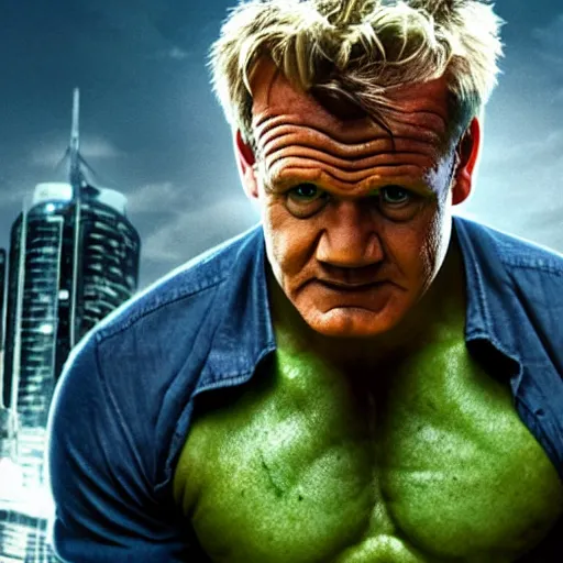 Image similar to gordon ramsey starring as the incredible hulk, movie still, 8 k