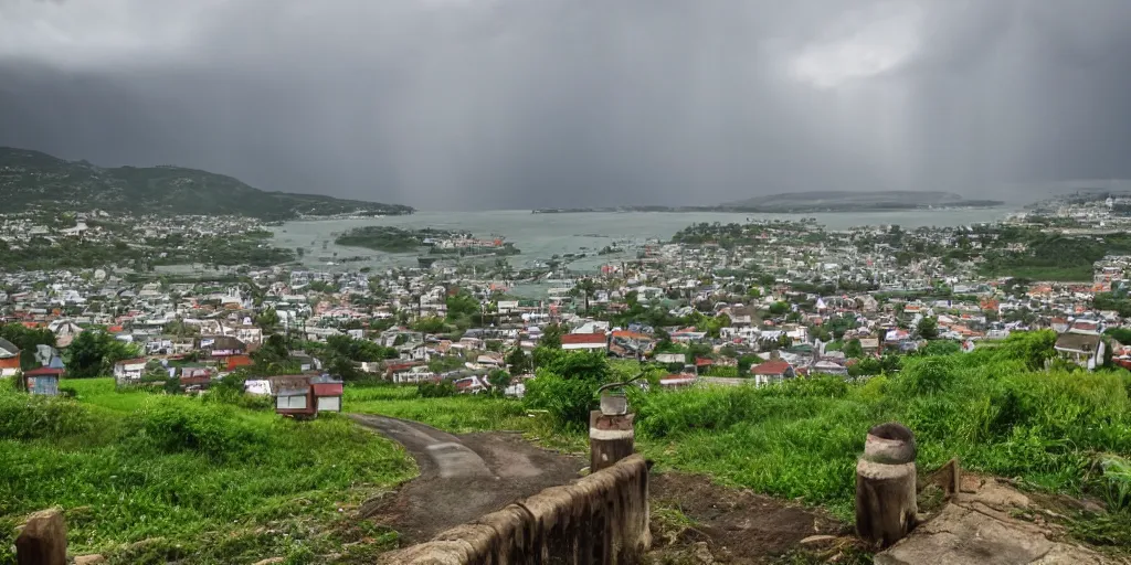Image similar to the view from the sea of a town on the hill, rain and thunderstorm