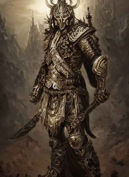 Image similar to high intricate male warrior with white baroque armor and black garment, demon lord, ancient forest, maria panfilova, andrea savchenko, mike kime, ludovic plouffe, qi sheng luo, oliver cook, trending on artstation