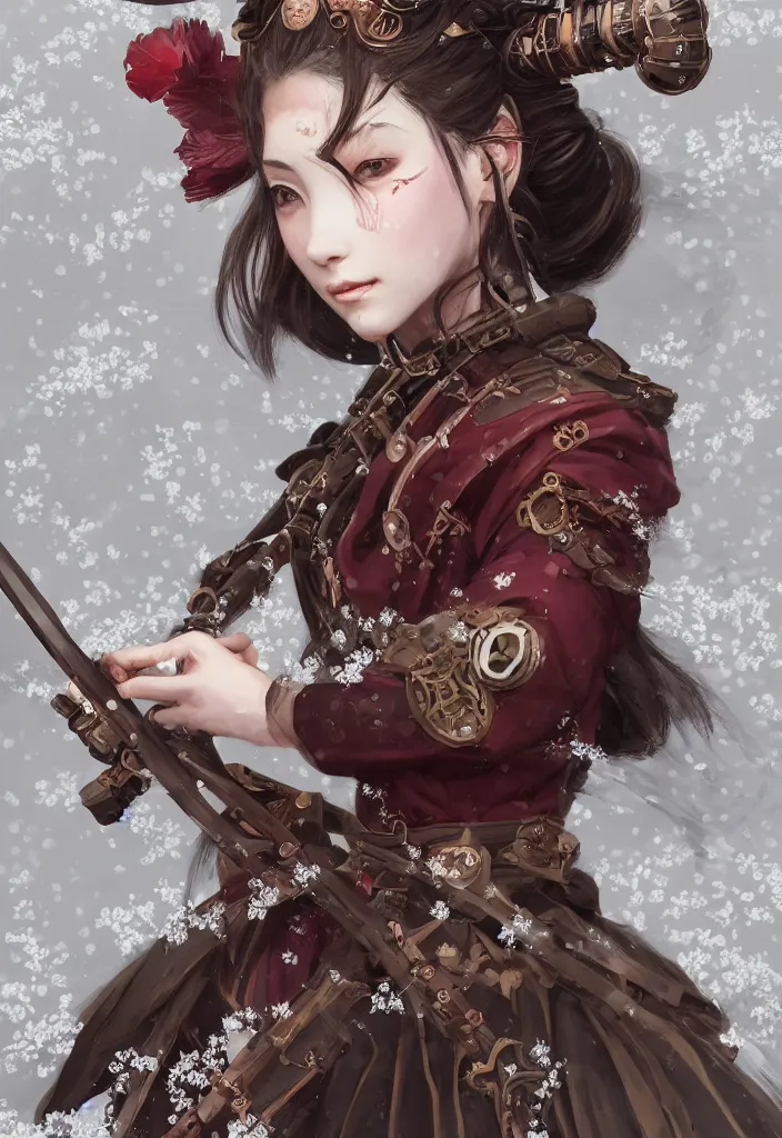 Image similar to detailed portrait of steampunk girl samurai with tachi and cross bow combat pose in snow forest sakura cherry blossom swan hakama kimono trending on artstation elite, elegant, luxury, by krenz cushart greg rutkowski alexandros, perfect face, fine details, realistic shaded, fine - face, pretty face