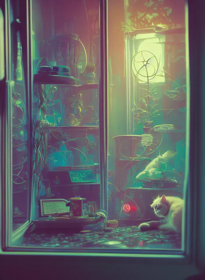 Image similar to telephoto 7 0 mm f / 2. 8 iso 2 0 0 photograph depicting the feeling of chrysalism in a cosy safe cluttered french sci - fi ( ( art nouveau ) ) cyberpunk apartment in a pastel dreamstate art cinema style. ( cat ) ( ( fish tank ) ), ambient light.