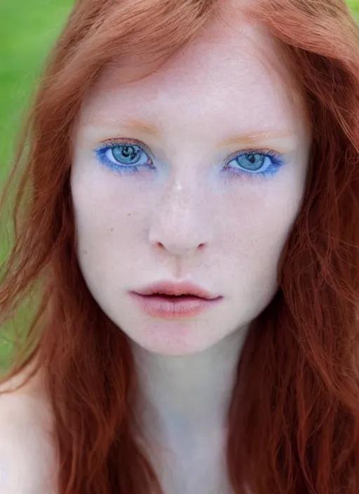 Image similar to close up portrait photograph of a anesthetic beautiful!!! thin young redhead woman with russian descent, sunbathed skin, with deep blue round!! Symmetrical!! eyes. Wavy long maroon colored hair. she looks directly at the camera. Slightly open mouth, face takes up half of the photo. a park visible in the background. 55mm nikon. Intricate. Very detailed 8k texture. Sharp. Cinematic post-processing. Award winning portrait photography. Sharp eyes.