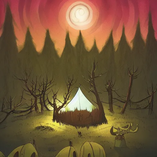 Prompt: a tent by the river in the deep, remote woods by tim doyle, from nightmare before christmas | detailed | elegant | trending on artstation