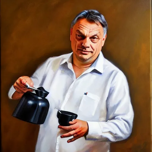 Image similar to viktor orban making specialty coffee, oil painting