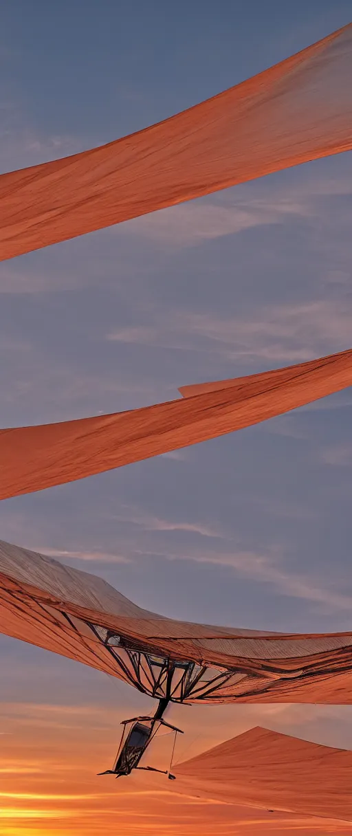 Image similar to an ornithopter on dune, giant sand worms in the background, light orange sunset, volumetric light, hdr, 8 k, bokeh designed by moebius kow yokoyama