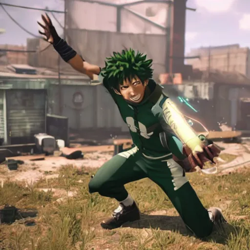 Image similar to izuku midoriya, fallout 4 gameplay