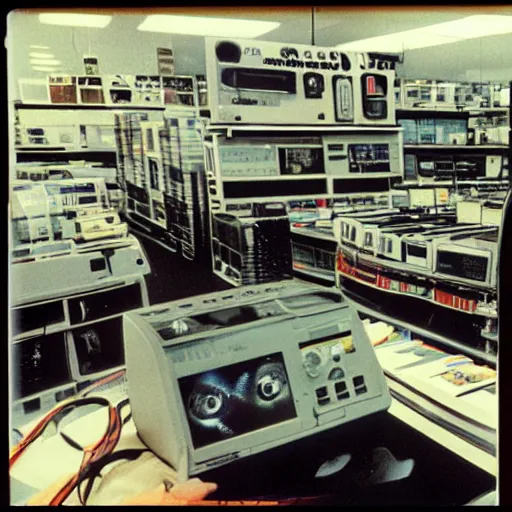 Image similar to ominous electronics department in 1990. As described by William Gibson. Polaroid