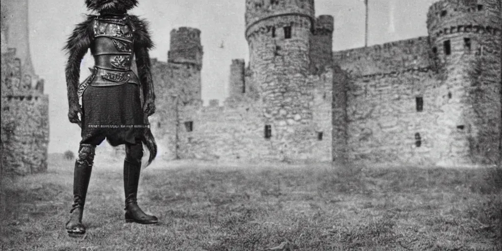 Prompt: anthropomorphic furry wolf in armor standing tall in front of a castle, 1900s picture