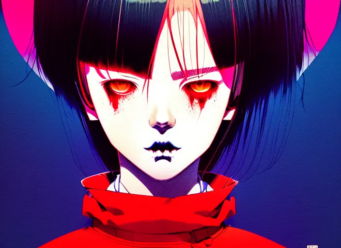 Image similar to editorial illustration by karolis strautniekas and mads berg, colorful, anime portrait vampire princess miyu, katsuhiro otomo, manga, ilya kuvshinov, fine texture, realistic shading, fine details, matte colors, film noir, dramatic lighting, dynamic composition, moody, vivid, volumetric