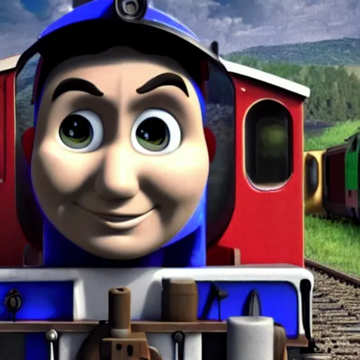 Image similar to justin trudeau as a train in thomas the tank engine, 8 k, trending on artstation