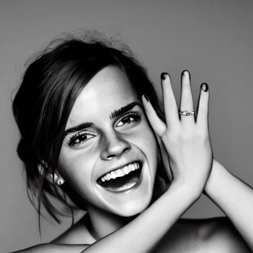 Image similar to A photo of laugh emma watson show wedding ring on his fingers. 50 mm. perfect ring. award winning photography