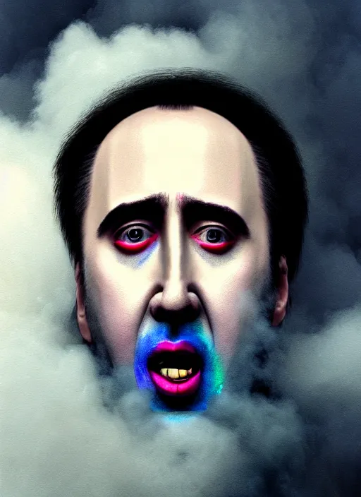 Prompt: an ethereal, misty portrait of a screaming nicolas cage whose face is accented with iridescent makeup. the makeup floats off his face and joins swirling clouds of smoke and fog, becoming the declaration of independence. muted tones. surreal portrait, cinematic lighting, 8 k, smooth, sharp focus, digital painting, rendered in octane, painted by tom bagshaw, artgerm