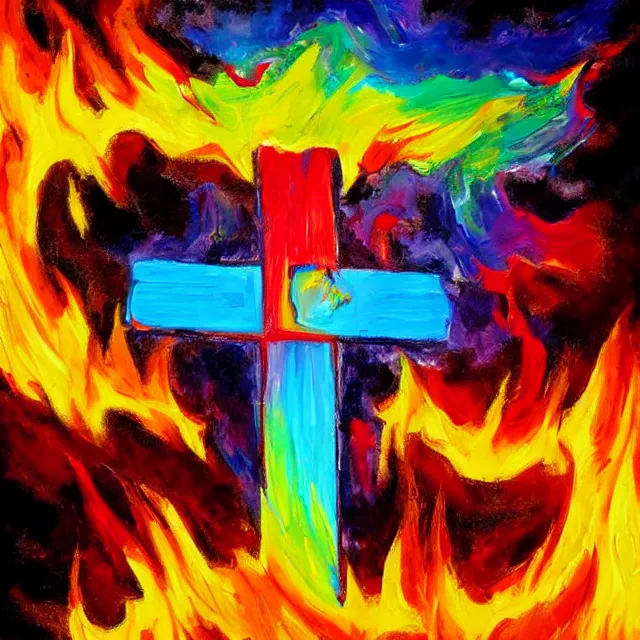 Image similar to cross on fire burning in gushing flames, rainbow colors, oil painting, bold strokes