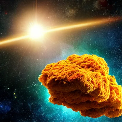 Image similar to Asteroids in space made of chicken nuggets. Space. Nebula. planets. starfield. photorealistic, 8k, cinematic, lens flare