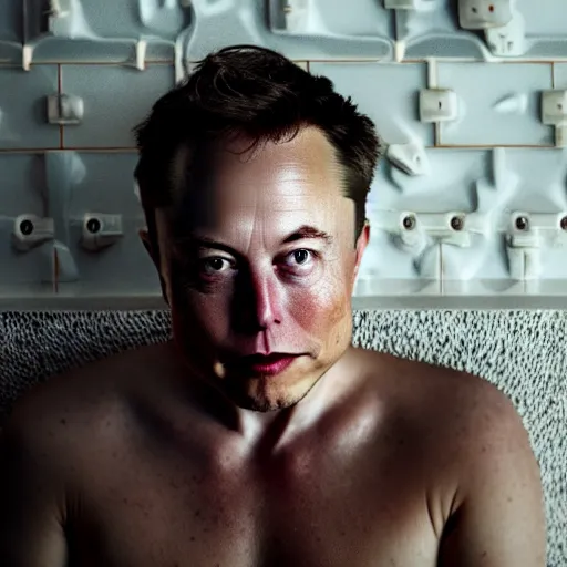 Image similar to Elon Musk on Mars in a hot tub, grungy, unkept hair, glowing eyes, modelsociety, radiant skin, huge anime eyes, RTX on, perfect face, directed gaze, intricate, Sony a7R IV, symmetric balance, polarizing filter, Photolab, Lightroom, 4K, Dolby Vision, Photography Award