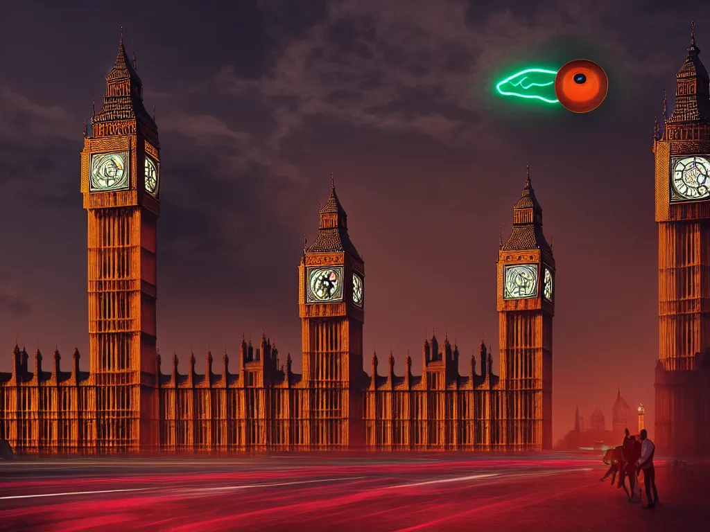 Prompt: an ancient beautiful cyborg of the elder gods in the city of London, a giant beautiful cyborg with glowing eyes in London with Big Ben in the background, westminster, colourful, dramatic lighting, golden hour, very detailed octane render very realistic beautiful