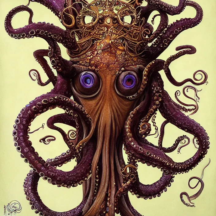 Image similar to beautiful and exotic octopus queen bust portrait, glowing big eyes, art nouveau declotage, perfect symmetrical facial features, hyperrealistic bone structure, extremely hyperdetailed, mixed media painting, unreal engine, 8 k, octane, 8 mm, by travis charest, rodney matthews and chris achilleos