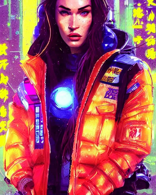 Prompt: detailed portrait of megan fox as a neon operator girl, cyberpunk futuristic, neon, reflective puffy coat, decorated with traditional japanese by ismail inceoglu dragan bibin hans thoma greg rutkowski alexandros pyromallis nekro rene margitte, illustrated, perfect face, fine details, realistic shaded, fine - face, pretty face