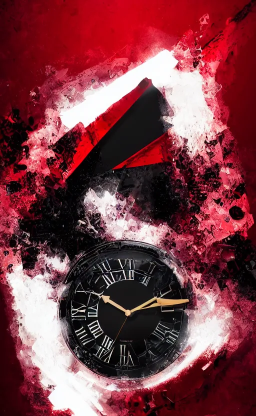 Image similar to a melting Roman numeral clock, behind a red and black gradient background, awith a black heart shaped on the top left corner and a black diamond card shape in the bottom right corner, dynamic lighting, photorealistic fantasy concept art, trending on art station, stunning visuals, cinematic, creative, ultra detailed