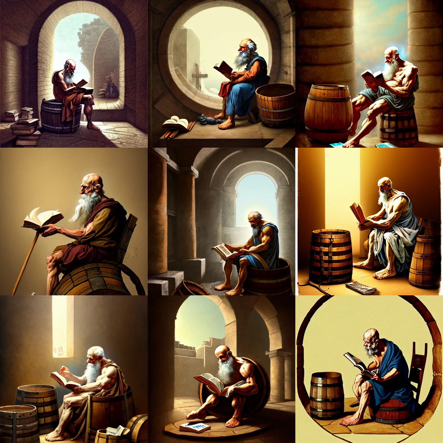diogenes of sipone reading a book in his barrel, | Stable Diffusion ...