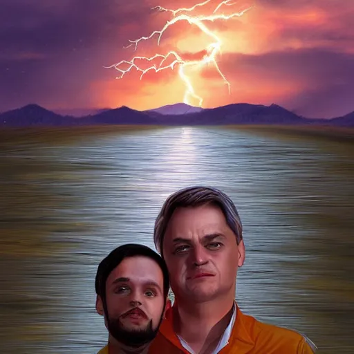 Image similar to krubi is happy to pose with orban next to lake balaton sunset, highly detailed illustration, trending on artstation, hyper realistic, ambient lightning