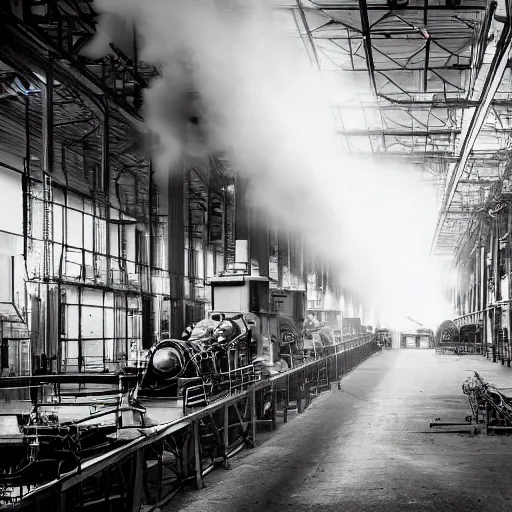 Prompt: an industrial age steam engine factory, photography