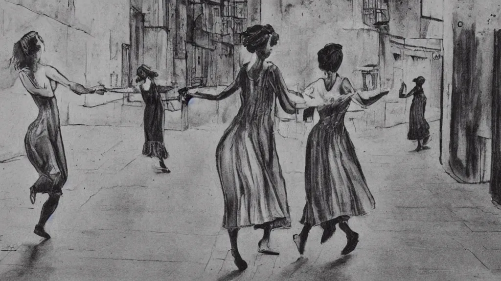 Prompt: two woman dancing on the street. lithography art