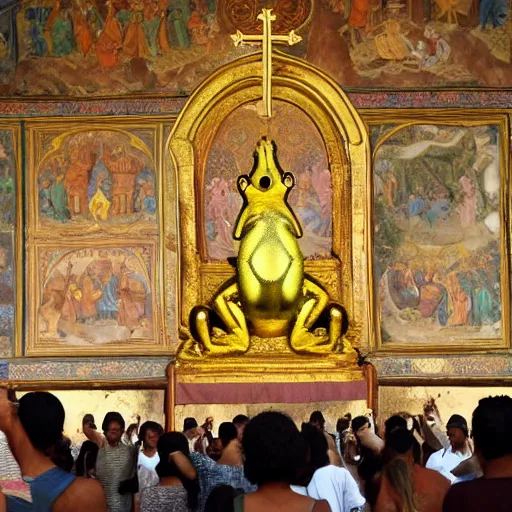 Prompt: people worship a huge statue of a golden frog, frescoes style, religion, bible