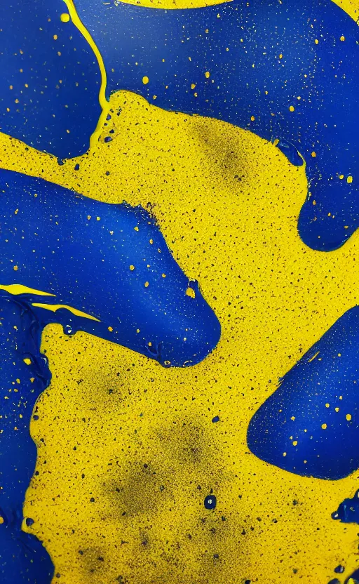 Image similar to contemporary sculpture, dark blue liquid splatters, yellow backdrop, smooth surface, close up, 33mm, 4k, award winning photo