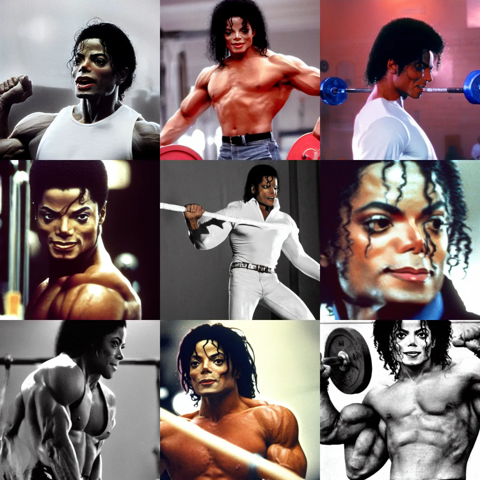 Prompt: soft light, very realistic film still of michael jackson as muscular bodybuilder, weightlifting championships, medium shot close up