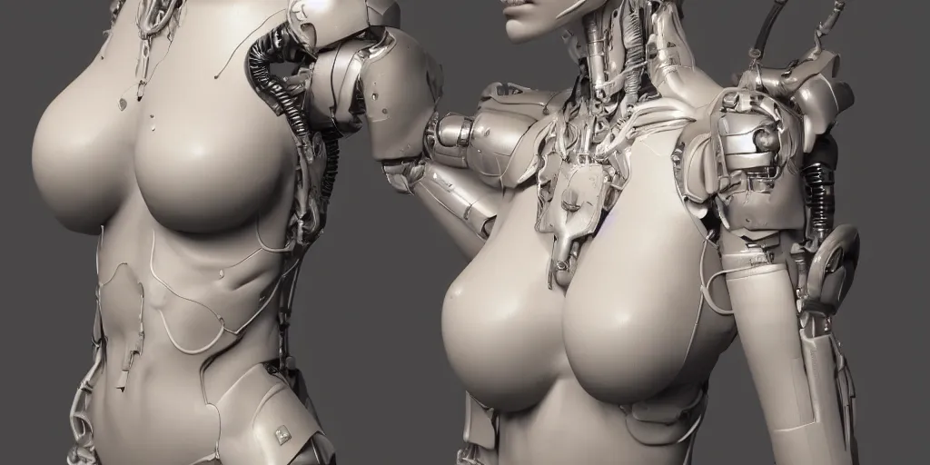 Image similar to photorealistic gorgeous female cyborg, holding intimately, highly detailed, intricate detailing, torso, neck, knees, in the style of, beth cavener, jin kagetsu, wlop, masterpiece, concept art, highkey lighting, ambient lighting, octane render, 8 k, artstation