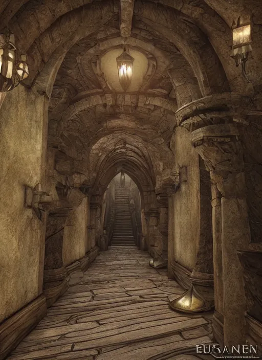 Prompt: castle hallway, ultra detailed fantasy, elden ring, realistic, dnd, rpg, lotr game design fanart by concept art, behance hd, artstation, deviantart, global illumination radiating a glowing aura global illumination ray tracing hdr render in unreal engine 5