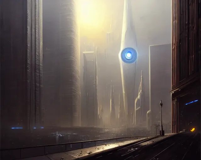 Image similar to great city being watched over by an all-seeing malevolent AI, a sci-fi digital painting by Greg Rutkowski and James Gurney, trending on Artstation, eerily beautiful, highly detailed