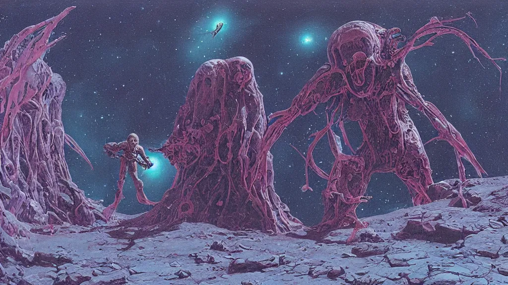 Image similar to a dark space alien is encountered during a space walk on planet Enduria b, Technicolor in the style of Wayne Barlowe