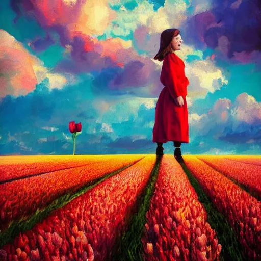 Image similar to dutch girl with singular giant tulip as a head, surreal photography, flower field, sunset dramatic light, impressionist painting, colorful clouds, blue sky, digital painting, artstation, simon stalenhag