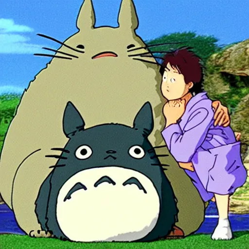 Image similar to totoro and larry david sleeping, ghibli film