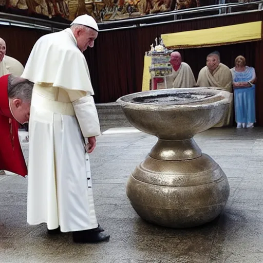 Image similar to pope francis baptizing a minion in a buddhist pagoda nuclear power plant