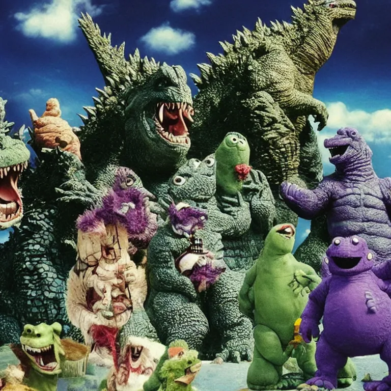 Prompt: Godzilla, Barney & Friends (1992), Hearts