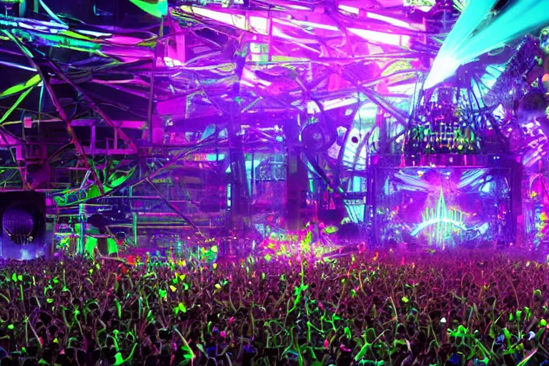 Image similar to an outdoor festival stage with audience, neon letters tripmachine, center of the stage is a big futuristic steampunk machine with gears and belts and tubes, surrounded by big loudspeakers, rock musicians on the stage, laser show, 8 k, fluorescent colors, halluzinogenic, multicolored, exaggerated detailed, unreal engine