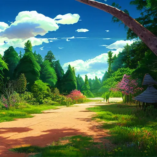Prompt: empty village runway panorama in the woods with beautiful sky and giant sun, bloom, on, painting by tyler edlin kazuo oga ghibli pixar disney ghibli gouache painting