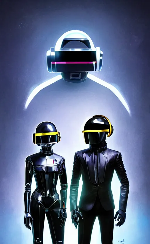 Image similar to portrait of 2 Daft Punk Robots as a character in arabian Cyberpunk 2077, looking at camera, intricate, dystopian, sci-fi, extremely detailed, digital painting, artstation, concept art, smooth, sharp focus, illustration, intimidating lighting, chrome reflexions, incredible art by artgerm and greg rutkowski and alphonse mucha and simon stalenhag