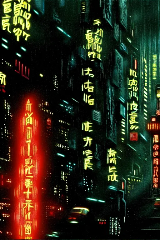 Prompt: long shot from the film blade runner, style of yoshii chie, cinematic, highly detailed