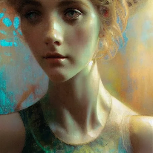 Prompt: hyperrealist portrait of a pretty young female robot with large eyes standing in front of a computer simulation by jeremy mann and alphonse mucha, fantasy art, photo realistic, dynamic lighting, artstation, poster, volumetric lighting, very detailed faces, award winning